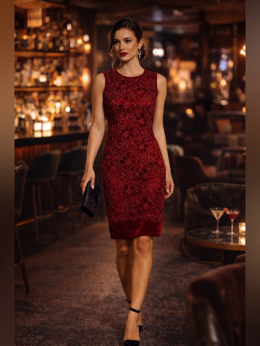 Belle Badgley Mischka Red Velvet Lace Sheath Dress Size 8 Floral Overlay Midi